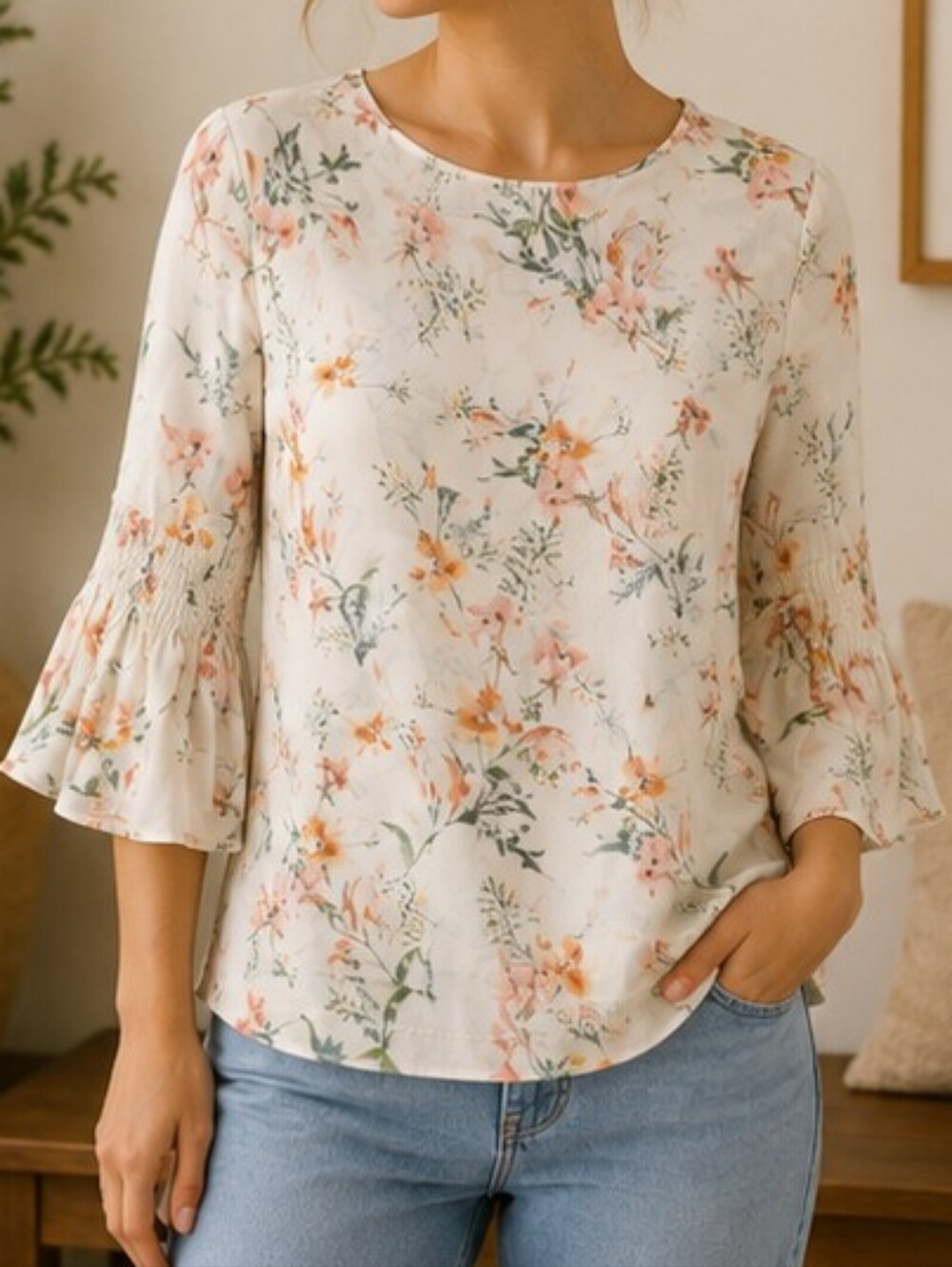 Tabitha Webb Floral Bell Sleeve Blouse | Cream Peach Print | Feminine Romantic